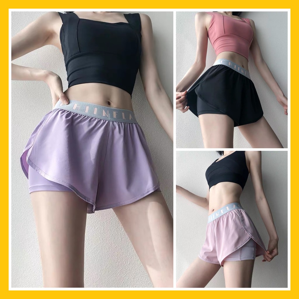 Quần Đùi Nữ Thể Thao 2 Lớp Cạp Chữ INFLACHI Chất Dù Mềm [ĐỒ TẬP GYM NỮ]